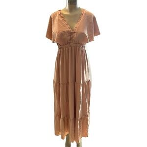 Simplee Boho Tiered Short Sleeve Dress Peachy Brown New Size Medium​​​​